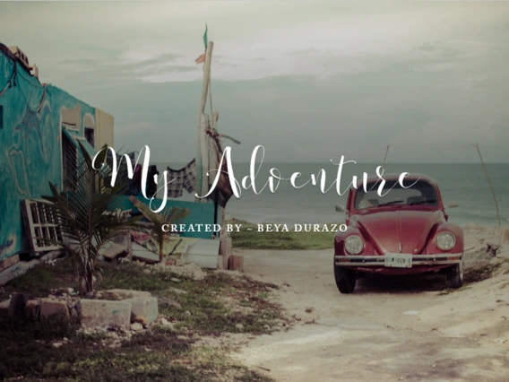 A red Volkswagen Beetle parked near a coastal shack, with artistic text overlay reading "My Adventure – Created by Beya Durazo."