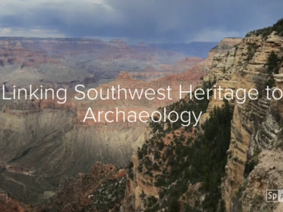 Vast Grand Canyon view under a cloudy sky with overlaid text reading "Linking Southwest Heritage to Archaeology."