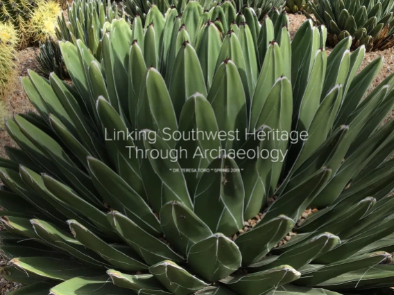A close-up of a symmetrical agave plant, overlaid with the text: "Linking Southwest Heritage Through Archaeology – Dr. Teresa Toro – Spring 2018."